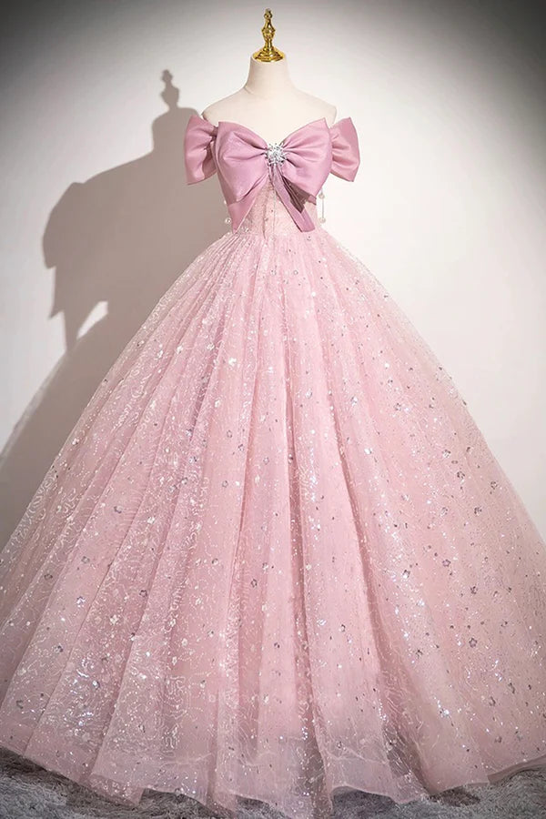 Wholesale Pink Tulle Sequins Long A-Line Prom Dress Pink Off Shoulder Evening Dress